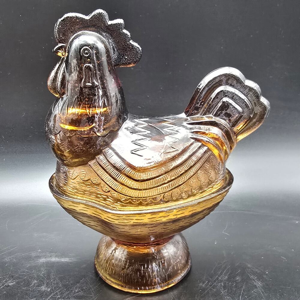Amber Glass Rooster Chicken Dish Vintage Candy Dish